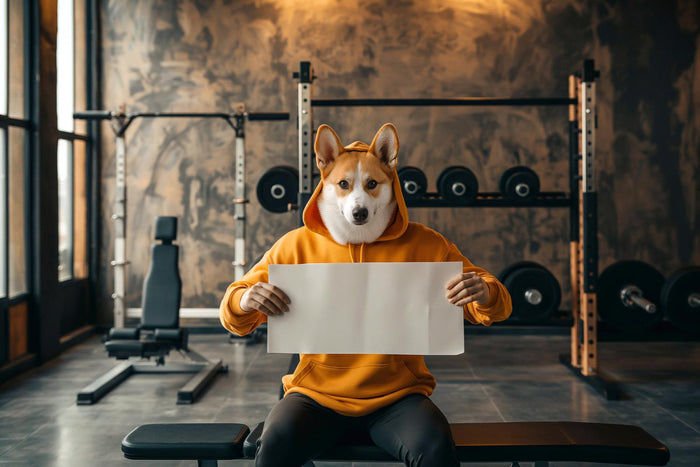 a dog sitting in gym