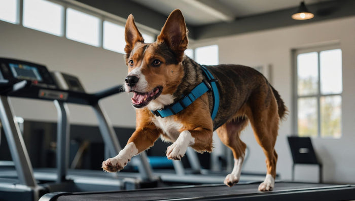 a corgi running on a treadmill